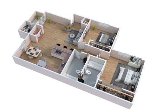 A 3D floor plan of a house with a kitchen, living room, and bedrooms.